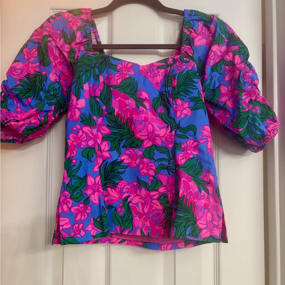 Lilly Pulitzer Pink Puff Sleeve Ruffled Blouse